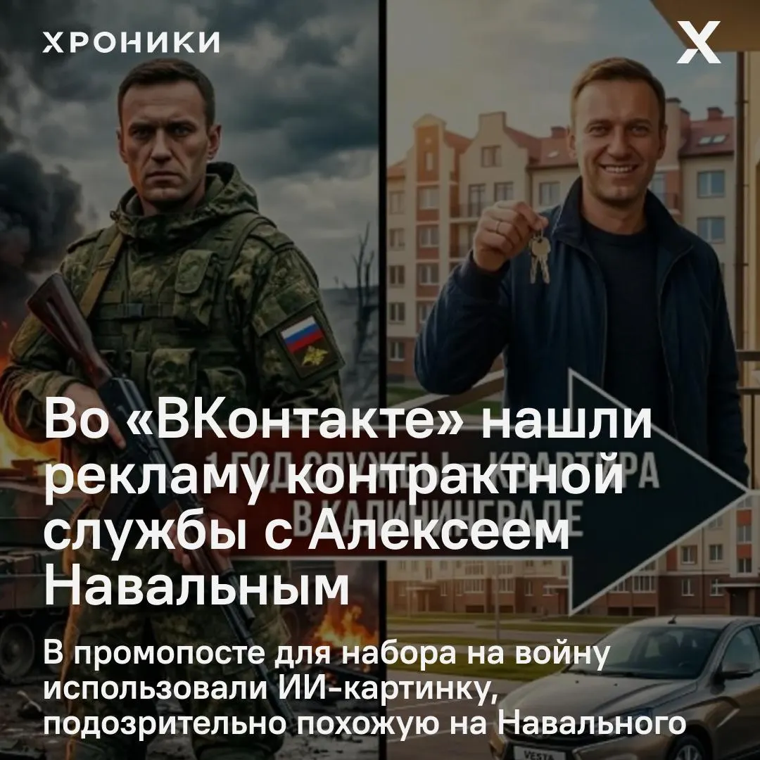 В группе в «ВКонтакте» обнаружили объявление о наборе на контракт с изображением, созданным искусственным интеллектом, на котором был мужчина, напоминающий Алексея Навального. Рекламодателем называли структуру «Родина героев», позже признавшую, что картинка — сгенерированная.