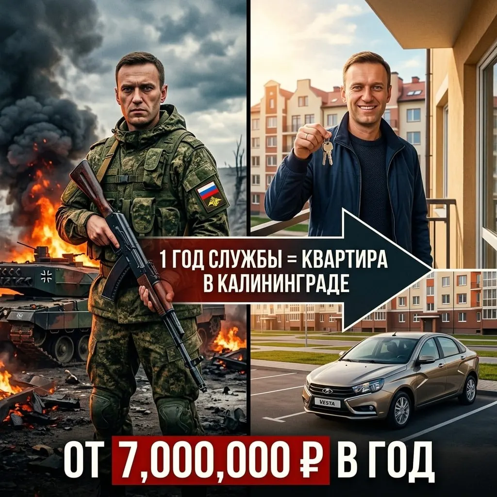 На странице проекта по набору на контрактную службу появилось нейросетевое изображение Алексея Навального. На сайте указан ростовский адрес, обещают выплаты, списание долгов и даже «квартиру в Калининграде». Проект действует в нескольких городах.