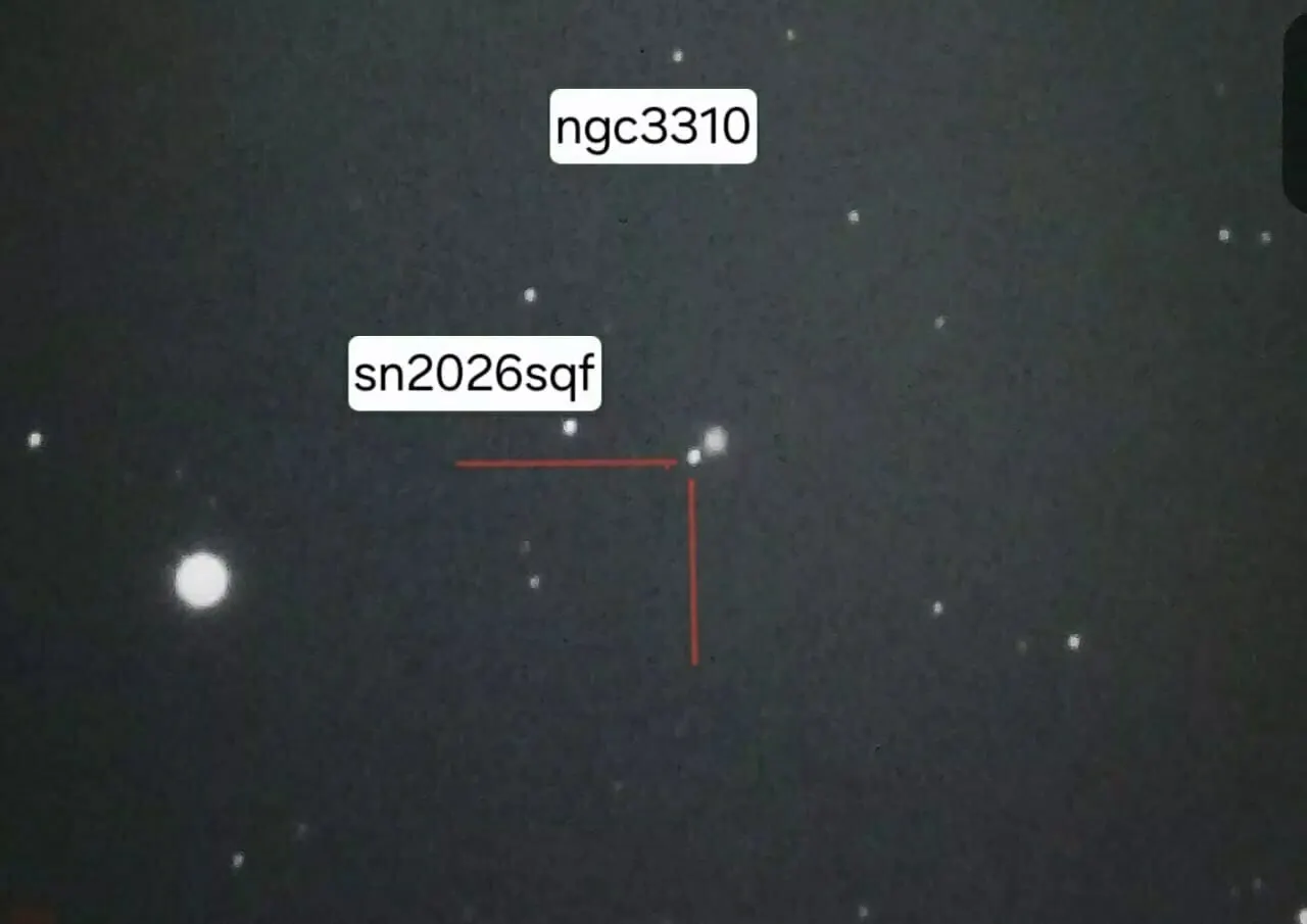 Учёные из Калининграда измерили яркость сверхновой SN2026sqf в галактике NGC3310: вспышка типа II, открытая 8 июля, на пике может светить ярче ядра галактики на расстоянии ~42 млн световых лет.