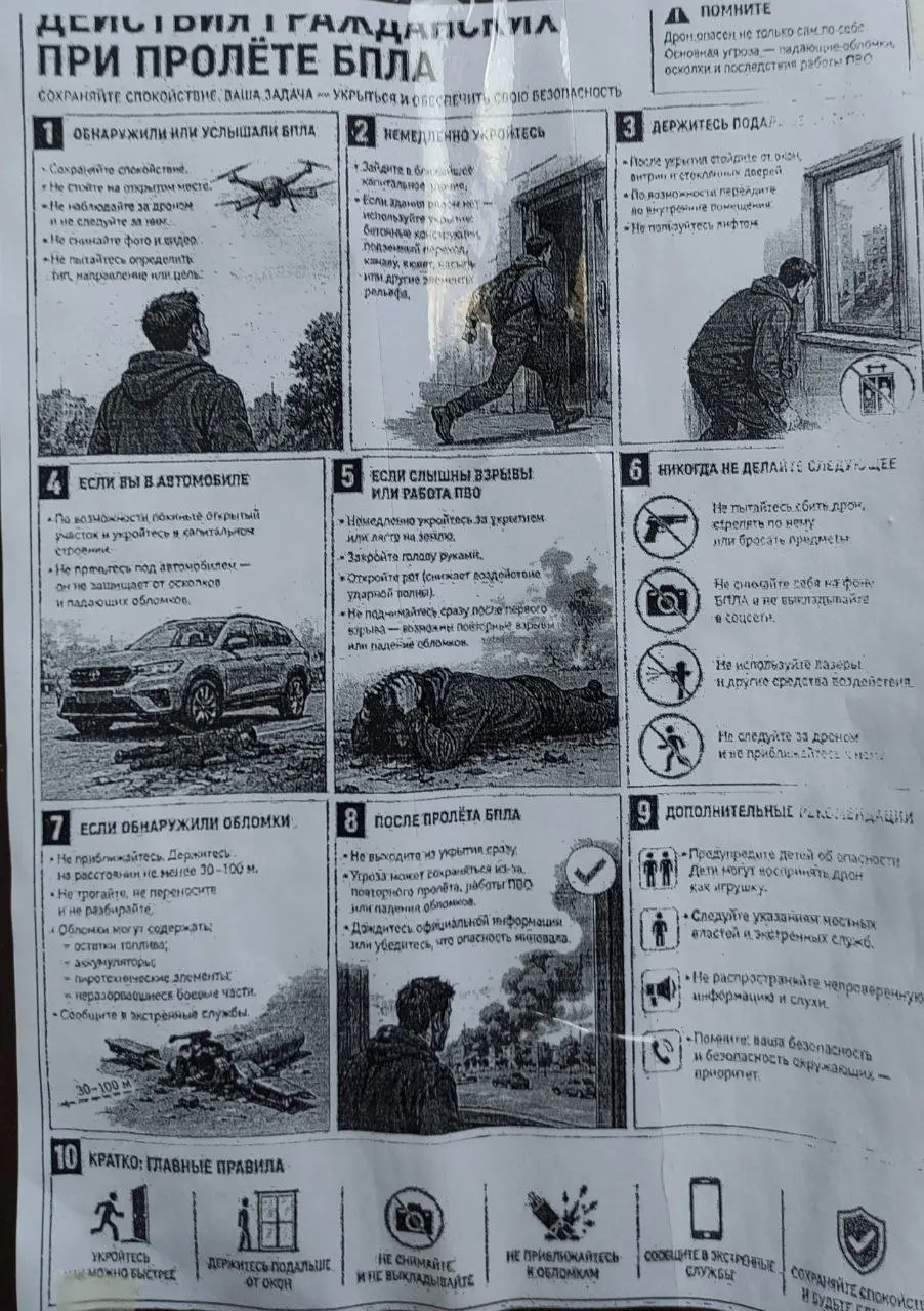 В подъездах некоторых домов Калининграда появились памятки с инструкциями на случай появления беспилотников: покинуть зону опасности, предупредить соседей, сообщить по 112 и не пользоваться телефонами и радиотехникой. Власти отмечают, что это стандартные памятки ГО и ЧС.