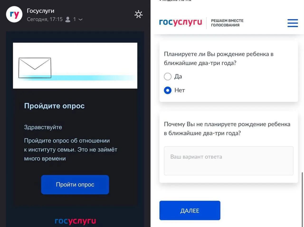 Госуслуги запрашивают у граждан планы завести детей в ближайшие 2–3 года и причины, если ответ отрицательный.