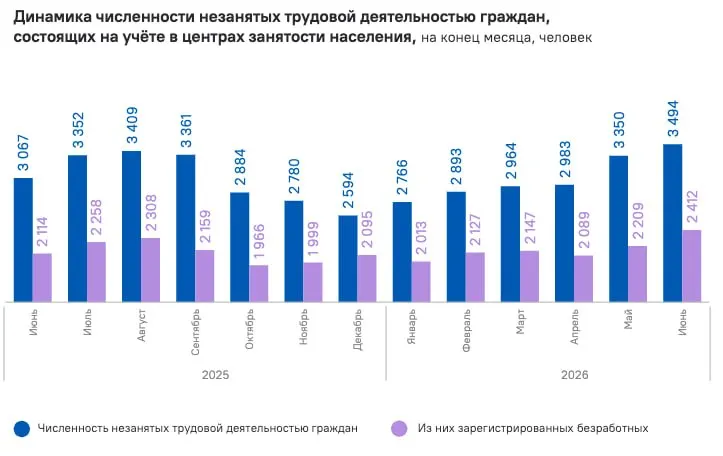 К концу июня на учёте в центрах занятости состояло 2 412 безработных, что на 14,1% больше, чем годом ранее; общее число зарегистрированных достигло 3,5 тысячи.