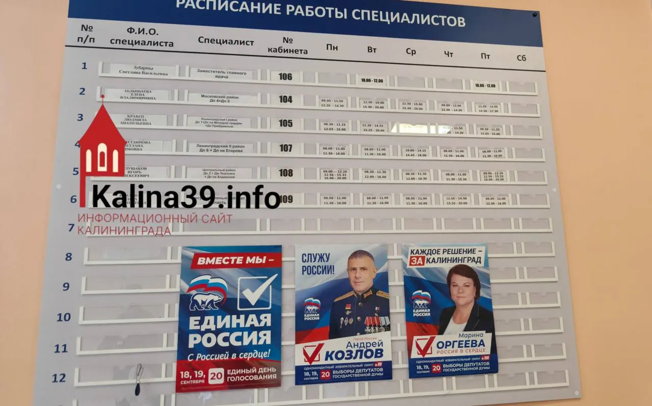 Калининградская детская поликлиника стала площадкой для агитации: на стенде с расписанием работы врачей разместили фотографии кандидатов и листовку политической партии.