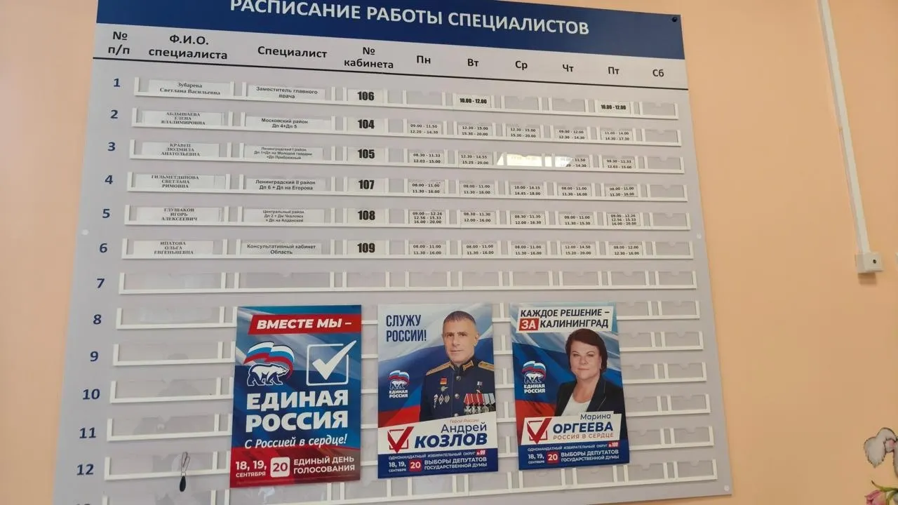 Жительница Калининградской области увидела агитацию за Единую Россию на расписании врачей в детской поликлинике и поинтересовалась основанием размещения; ей ответили: «Вы против власти?»