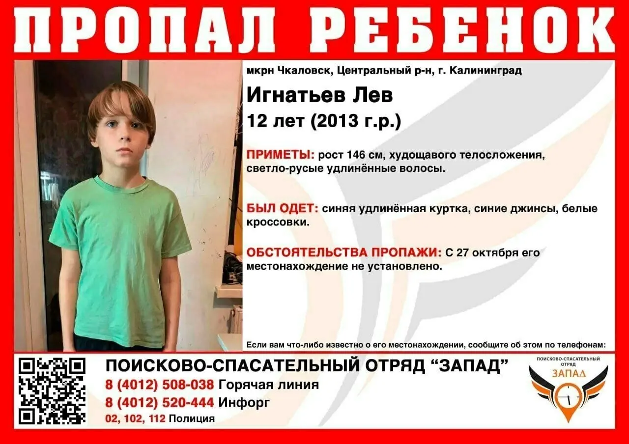 Лев Игнатьев пропал 27 октября; его местонахождение неизвестно. Рост 146 см, худощавого телосложения, светло-русыe длинные волосы. Был в синей удлинённой куртке, джинсах и белых кроссовках. Сообщить любую информацию можно по указанным телефонам.
