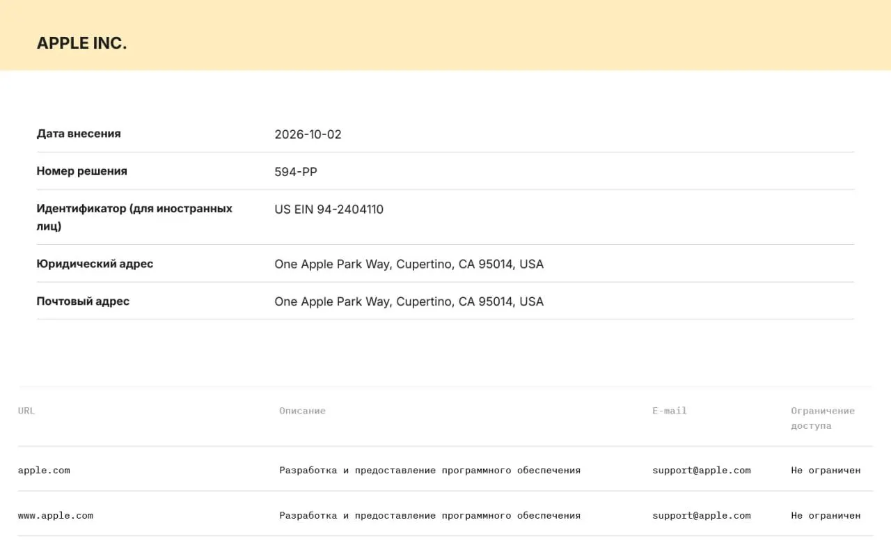 Роскомнадзор включил Apple и Microsoft в реестр организаторов распространения информации (ОРИ); компании обязаны хранить данные пользователей на серверах в РФ и передавать их силовикам по запросу, под угрозой штрафов и блокировок.